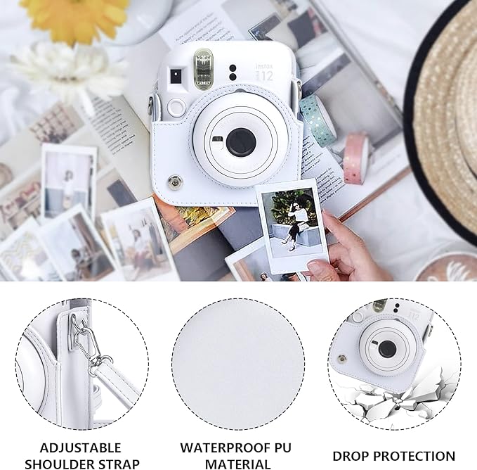 CAIYOULE Camera Case for Fujifilm Instax Mini 12 Instant Film Camera, Retro Leather Protective Camera Crossbody Bag for Fuji Mini 12 with Photo Album, Adjustable Shoulder Strap, Clay White-No Camera