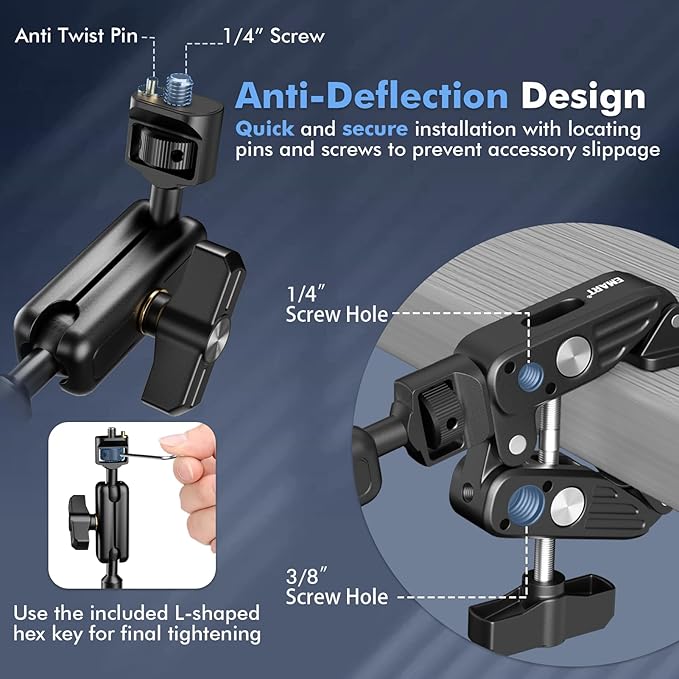 EMART Overhead Phone Mount with 22" Magic Arm, Super Clamp with 1/4" 3/8" Threads for ARRI, Flexible Camera Desk Mount, Adjustable Articulating Boom Arm for Webcam/Mic/Action Camera/Phone/Video Light