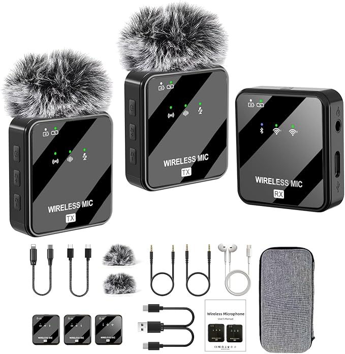 Dual Mini Wireless Microphone USB C & Lightning for iPhone, Android Phone,Laptop,Noise Canceling Tiny Lavalier Microphone for Video Recording,TikTok,Plug-Play Lav Clip Mic.(10-Hr Battery Life)