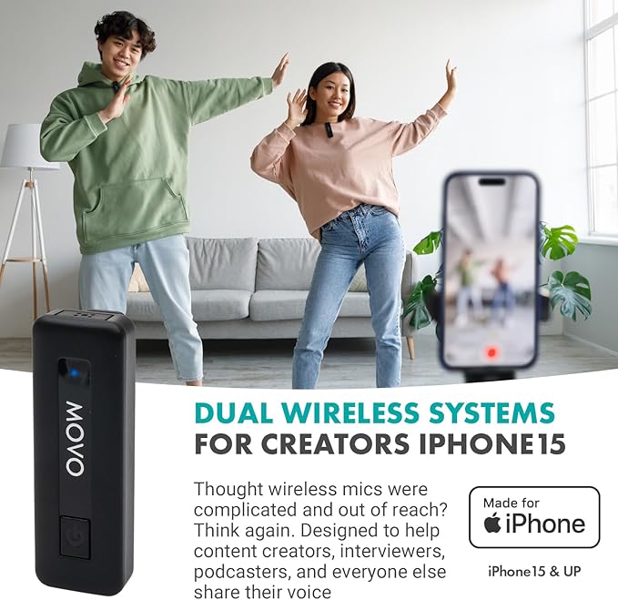 Movo Mini USB-C Duo Wireless Microphone for iPhone 15/16/17 and up - Ultracompact Microphone for iPhone 15/16/17 with Clip on Wireless Lavalier Mic
