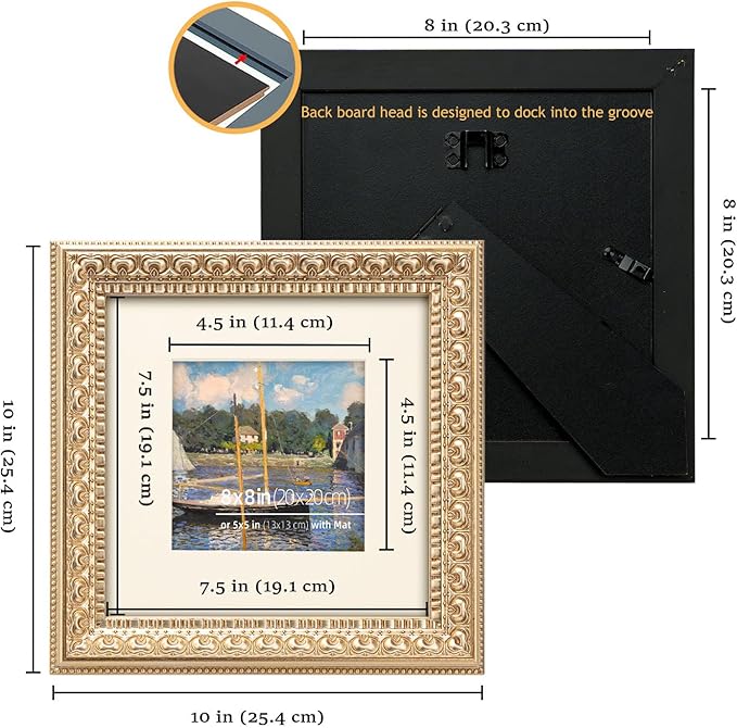 8x8 in Antique Silver Ornate Vintage Wood Picture Frame, Matted for 5x5 Photos, Real Glass Protection, Tabletop or Wall Mounting Display