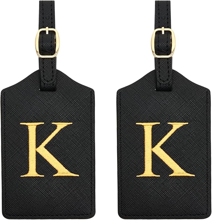 2 Pcs Initial Monogrammed PU Leather Embroidered Luggage Tags for Suitcases & Bags (K)