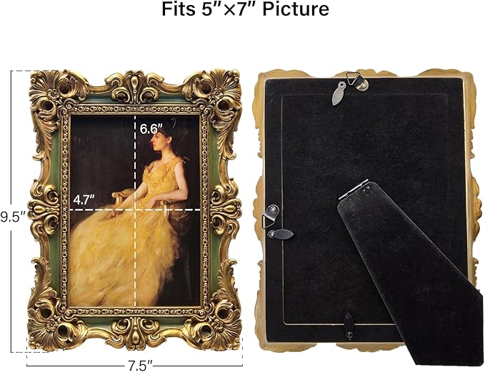 CISOO 5x7 Vintage Picture Frame Antique Ornate Green and Gold Photo Frame, for Table Top and Wall Display, Decorative Floral Design Retro Home Decor, Photo Gallery Art