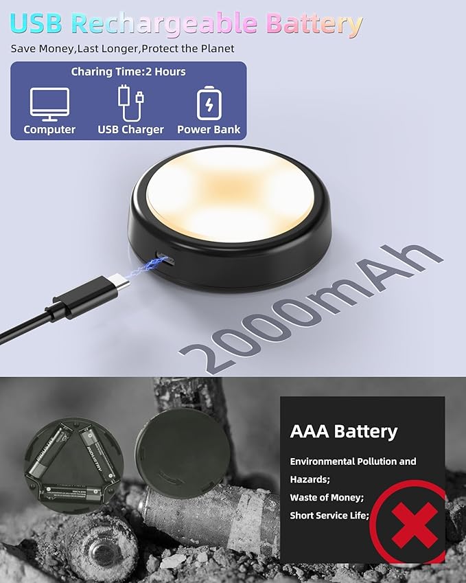 HOLKPOILOT Puck Lights with Remote, 2000mAh Battery Operated Rechargeable Under Cabinet Lighting, 3 Color Temps & 7 RGB Colors, Magnetic Closet Light, Black Wireless Puck Light for Kitchen, Shelf.