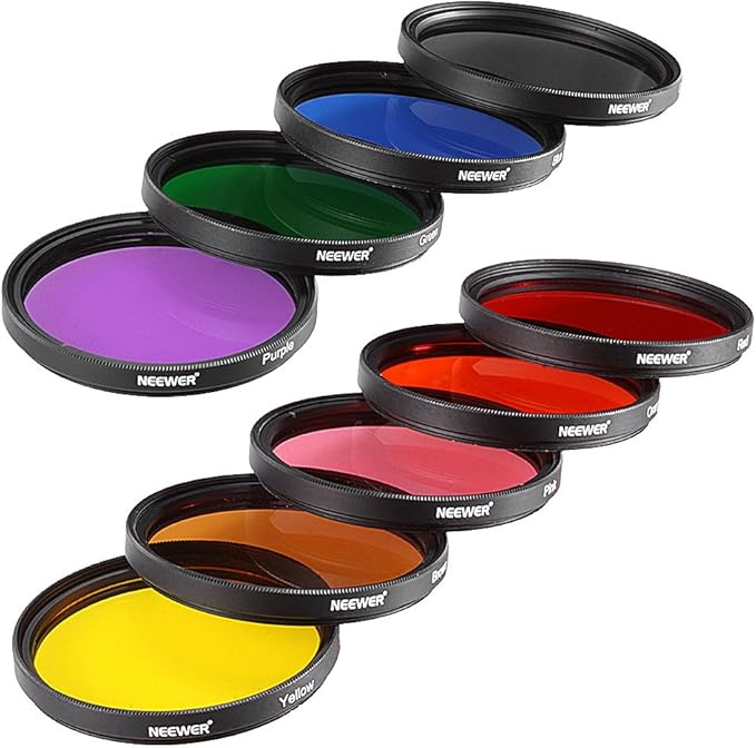 NEEWER 9PCS Full Color Lens Filter Set, 58mm Resin Lens Filters with Red, Orange, Blue, Yellow, Green, Brown, Purple, Pink, Gray Color Available with 2 Pouches, Camera Lens Accessories