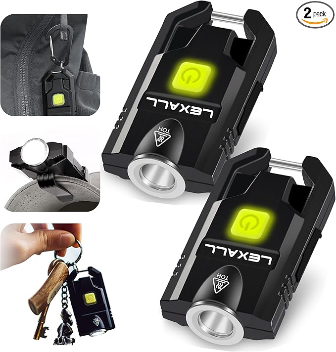lexall LED Small Flashlight, 2 Pack 500Lumens Bright Mini Keychain Light, USB Rechargeable Pocket Lights with 3 Modes Compact Baseball Cap Lights Indoor and Outdoor for Walking,Searching and Hiking