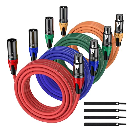 XLR Cable 25FT 4Pack 4 Colors (Red, Orange, Green, Blue)- Premium Balanced Microphone Cable 3-Pin XLR Male to Female Mic Speaker Cable, Pure Copper and Plated Conductors