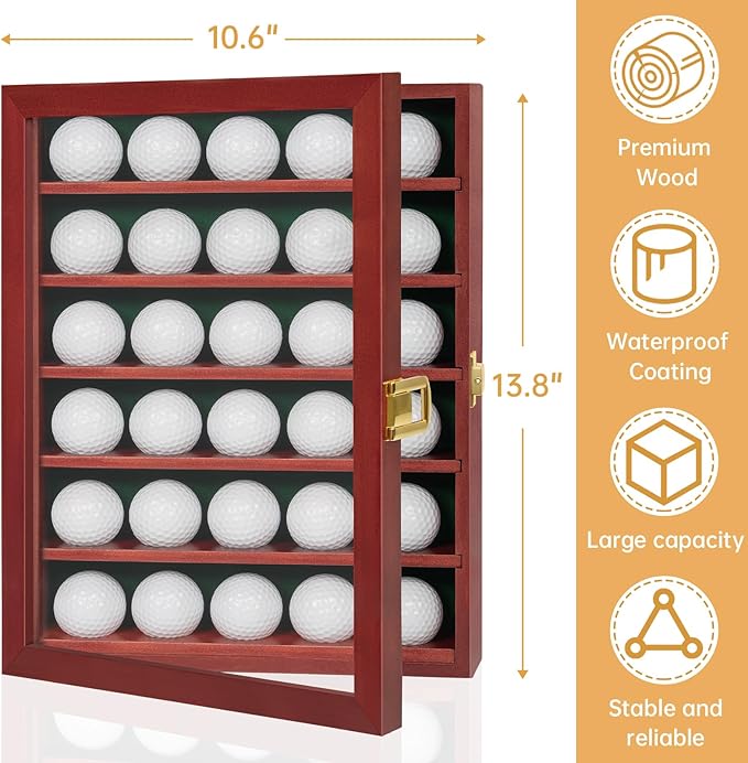 Golf Ball Display Case, Solid Wood Golf Ball Holder, Wall Mounted Golf Ball Rack with Acrylic Door for Golf Enthusiasts (Mahogany, for 30 Golf Balls)