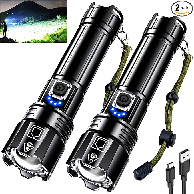 AKNEAR Rechargeable LED Flashlight 99000 High Lumens, Super Bright Flashlights with Zoomable & USB C Rechargeable & 5 Light Mode & IPX-7 Waterproof, Powerful Flash Light for Home, Hiking, Camping
