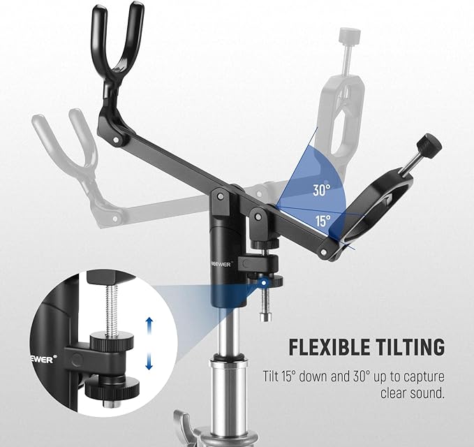 NEEWER Mic Boom Pole Support Holder with 5/8" Stud for Light Stand Boom Arm C Stand, Metal Nonslip DSLR Video Microphone Shotgun Mount Adapter, -15°/+30° Tilt, Max Load: 17.6lb/8kg, CM-NA-2