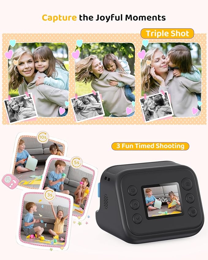 Kids Color Instant Print Camera – Kids Camera with 5 Color Photo Paper, 48MP & 1080P Video, 21 Fun Frames, 32G Card, Christmas/Birthday Gifts for Girls and Boys Ages 3 4 5 6 7 8 9 10 11 12 - Black