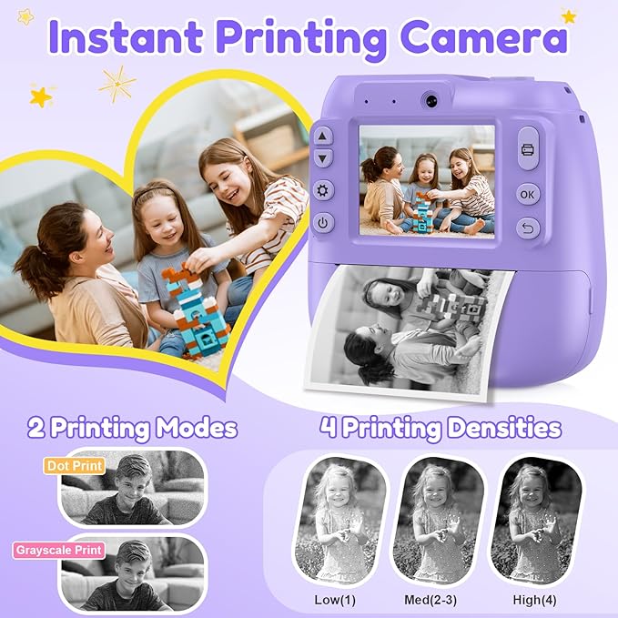 Instant Camera, Kids Camera Instant Print with 2.4 Inch Screen, Christmas Birthday Gifts for Girls Boys Age 3-12, Toddler Digital Print Toy for 3 4 5 6 7 8 9 10 Year Old, Front Rear Dual Selfie,Purple