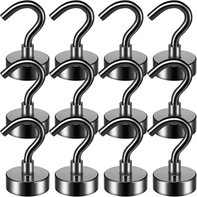 FINDMAG 12 Pack Black Magnetic Hooks 30LBS Neodymium Magnet Hooks, Magnet with Hooks Strong Magnetic Hooks for Hanging, Refrigerator, Grill, Kitchen, Key Holder