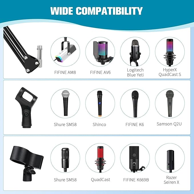 BILIONE Microphone Stand with Weighted Base, Mic Floor Stand Boom Arm with Mic Accessory Tray, Microphone Clip Holder, 3/8" to 5/8" Screw Adapter, Cable Ties