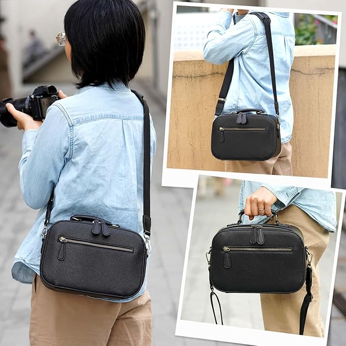 Camera Sling Bag, Waterproof PU Leather Crossbody Camere Bag for Photographers, Small Shockproof Case with Removable Dividers for DSLR/SLR/Mirrorless, 4L Black