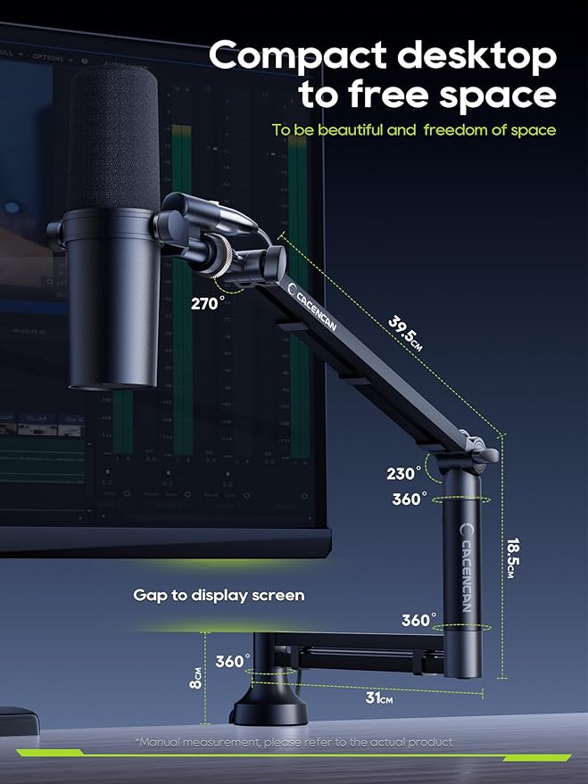 Low Profile Mic Arm, 360° Rotatable Microphone Boom Arm Mic Stand for Fifine AM8 K669B Blue Yeti HyperX shure sm7b SoloCast AT2020, with Mic Clip 3/8" to 5/8", Black