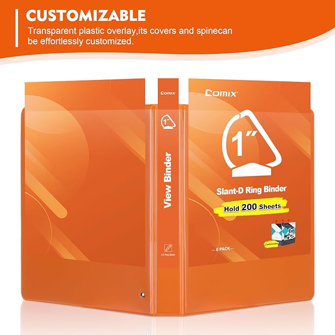 COMIX Sturdy 1 Inch Binders 3 Ring with Clear View Cover, 1" Slant-D Ring View Binder Holds 225 Sheets of US Letter Size Paper, 6 Pack (Orange)
