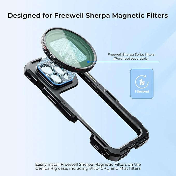 Freewell Genius Rig Cage for iPhone 16 Pro - Tool-Free Setup, Multifunctional Tripod and Monopod Handles, Bluetooth Remote