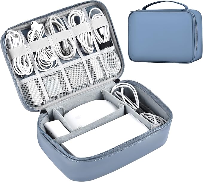 Large Capacity Electronics Accessories Organizer Travel Case with Adjustable Divider Waterproof Leather Cord Shockproof Tech Organizer Bag(Gray&Blue, Single Layer)
