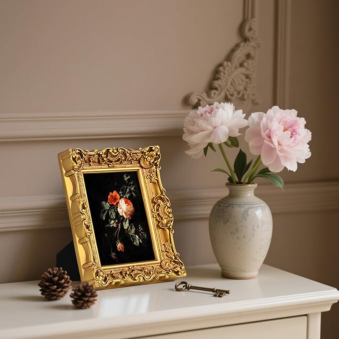 6X8 Vintage Picture Frame, Ornate Gold Baroque Antique Style with Glass Front, 6 X 8 Photo Frame for Tabletop Wall Hanging Display