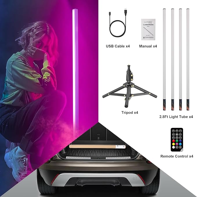 luxceo 4Pack RGB Tube Light Bar with Light Stand, Battery Powered LED Video Light Wand Stick with Remote Control for DJ Lighting, Dance Club and Photography Lighting (2.8Ft)