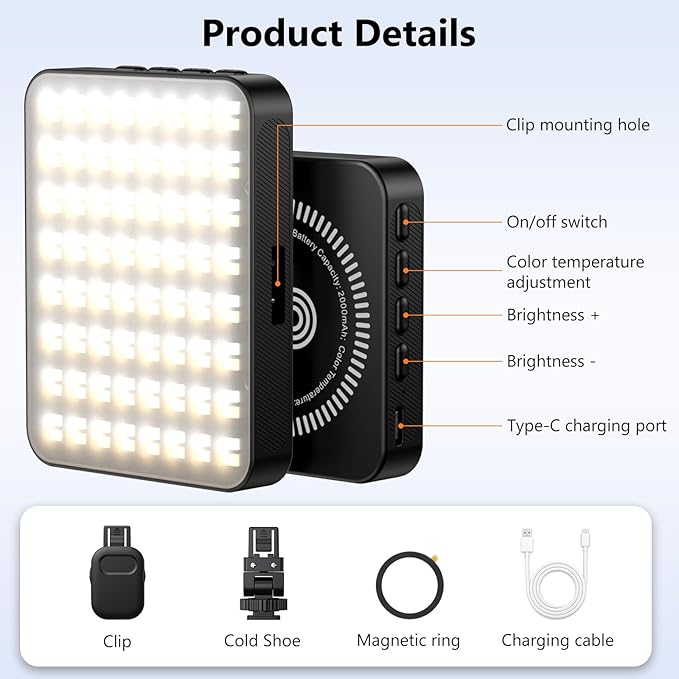 VRIG 128 LEDs Fill Light for Video Recording, 3 Color Temperatures, FD-128 Rechargeable Magnetic Selfie Light for iPhone Mag Safe, Pictures, Vlogging, Containing Clip, Cold Shoe Adapter & 1/4 Thread