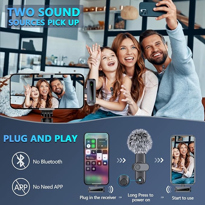 RICCHI Wireless Microphone for iPhone/iPad/Android Phone, 2 Pack Mini Microphone with Noise Cancelling & LED Display, Lavalier Microphones Clip on Lapel Mic for Video Recording, Vlog, Podcast, TikTok