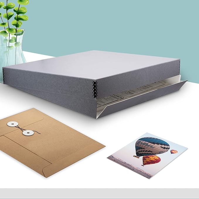 Golden State Art, Archival Storage Box, Acid-Free Drop Front Museum Box with Metal Edge for Storing Artwork Photos Documents Prints Arts And Crafts (Gray-20.75x24.75x3 Inches)