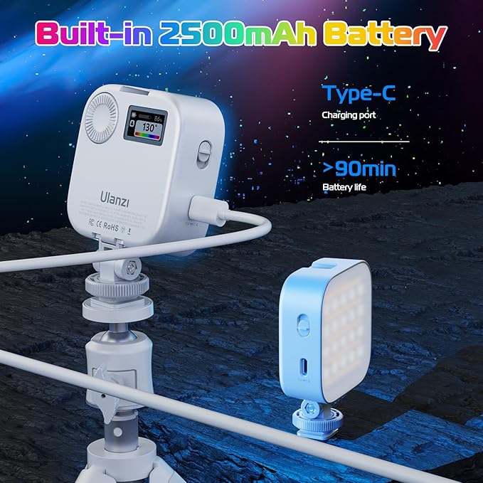 ULANZI U60 RGB Video Lights White LED Camera Light 360° Full Color Portable Photography Lighting w Quick Release Cold Shoe Adapter and Clip, 2500mAh Rechargeable CRI 95+ 2500-9000K Dimmable Panel Lamp