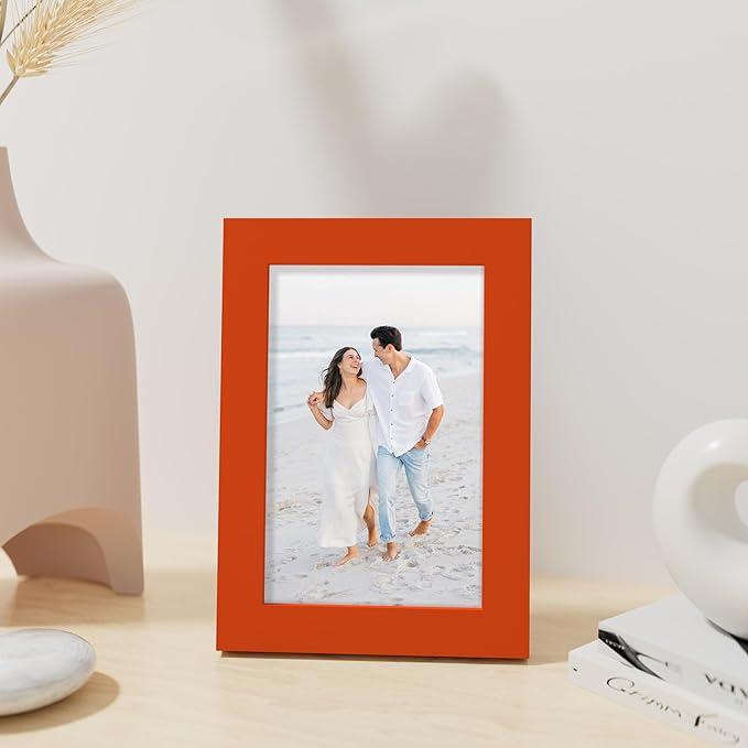 Vittanly 4x6 Picture Frame, Made of Solid Wood and Shatterproof Plexiglass, Wooden Photo Frame for Wall Mounting or Tabletop Display, Picture Frame for Home Decor with Stand, Orange, 1 Pack