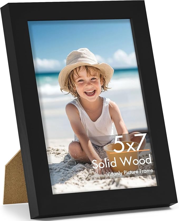 Vittanly 5x7 Picture Frame, Made of Solid Wood and Shatterproof Plexiglass, Wooden Photo Frame for Wall Mounting or Tabletop Display, Picture Frame for Home Decor with Stand, Black, 1 Pack