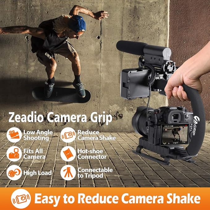 Zeadio Video Handheld Stabilizer, Triple Cold-Shoe Handle Grip with Smartphone Holder、360° Ball Head Mount, Compatible with All Camera Sport Camera DSLR Smartphone