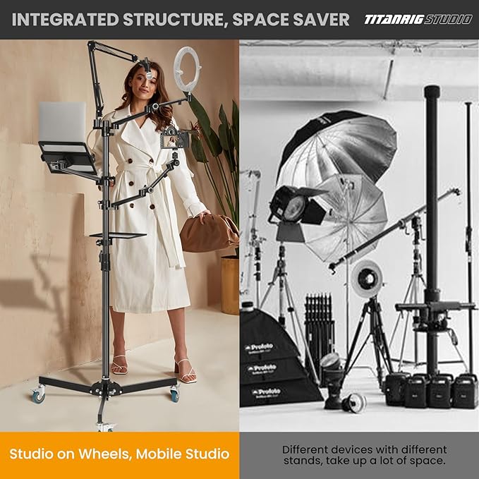 TARION 61in Live Streaming Stand with Wheel + 11in Magic Arm with Super Clamp, 5-in-1 Stream Stand Equipment Kit TitanRig + 3 Articulating Arms with 1/4" and 3/8" Thread