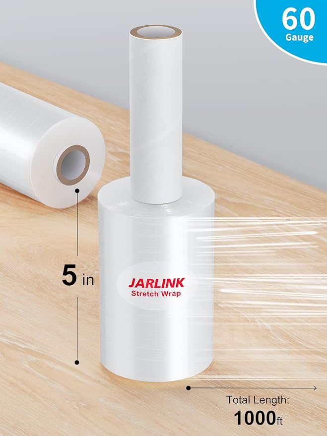 JARLINK 4 Pack Stretch Film, 5" 1000ft Mini Industrial Strength up to 500% Stretch Shrink Wrap with Handles, Thick Durable Self-Adhering Plastic Wrap for Pallet Wrap, Moving, Packing, 60 Gauge