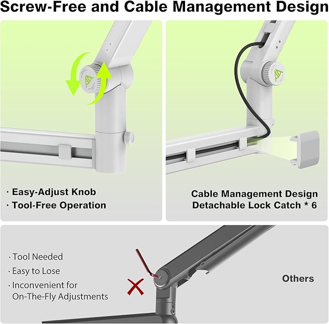 Low Profile Boom Arm (Design for Heavy Mic) 6.6lbs Load Capacity, Gear Lock Structure Never Sags, Metal Microphone Stand Desk Mount for Shure SM7B MV7+, Blue Yeti,Rode PodMic, White