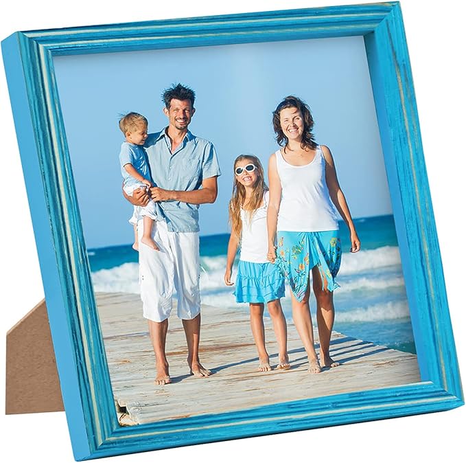 Rustic Wood 8 x 8 Picture Frame Wooden Square Blue Photo Frame with HD Glass Horizontal & Vertical Formats for Wall Mounting or Tabletop Display Gift Family Farmhouse Office Beach Gallery Home Decor