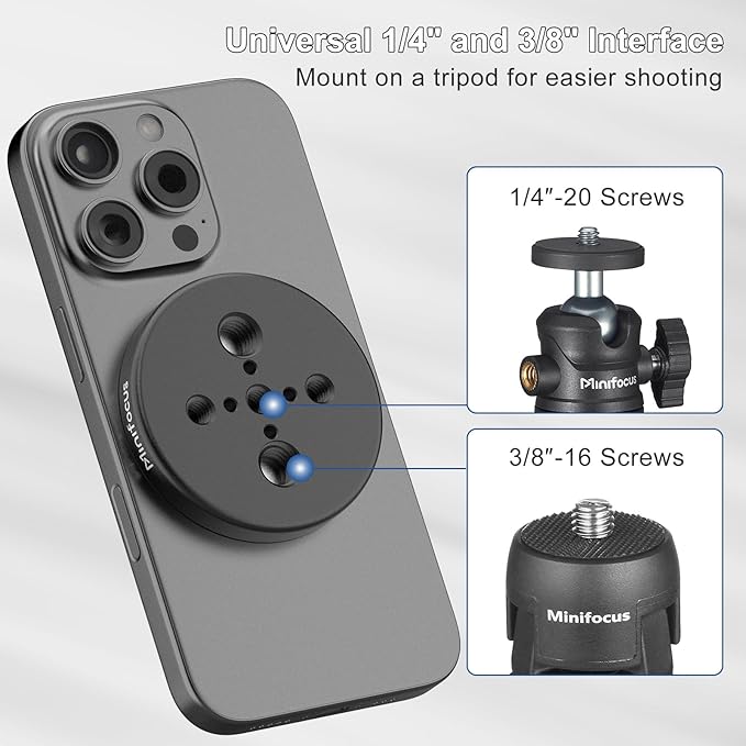 MINIFOCUS Magsafe Tripod Adapter, Magnetic Phone Tripod Mount Adapter with 1/4" Holes, Compatible with MagSafe Sticker for iPhone 17/16/15/14/13/12 Pro/Pro Max/Mini & More Phone
