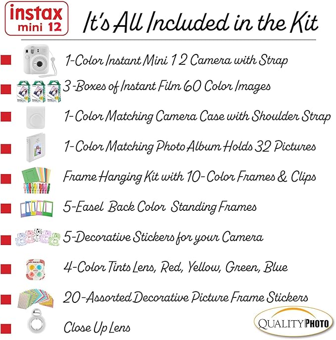 Fujifilm Instax Mini 12 Instant Camera + 60 Photo Prints + Quality Photo Value Bundle, Case, Decoration Stickers, Frames, Photo Album, (Clay White)