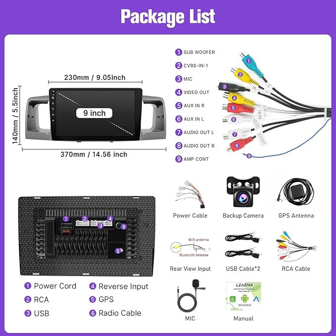 Leadfan 64G Car Stereo Radio for (Non JBL Version) Toyota Corolla 2003 2004 2005 2006 2007 2008, with Wireless Carplay, Android Auto, FM, Plug and Play Wiring Harness, GPS, SWC,MIC