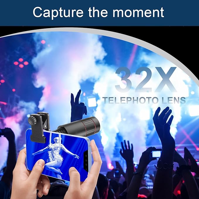 2025 Newly 32X Phone Camera Lens Telephoto Mobile Lens for iPhone and Android Zoom Cellphone Camera Lens with Phone Clip for Picture Video Taking (Black)