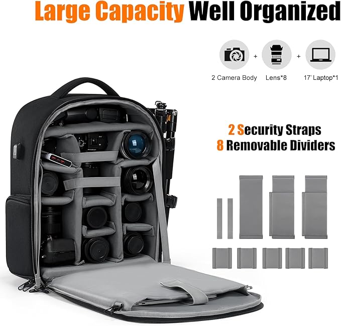 Cwatcun DSLR Camera Backpack，Large DSLR Camera Bag with 17" Laptop Compartment, Waterproof & Tripod Ready