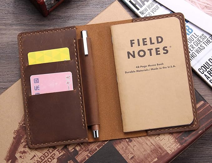 Leather Notebook Cover for Field Notes, Handmade Journal Cover for Moleskine Cahier Journal, Leather Cover with Pen Holder fits 3.5" x 5.5" Pocket Notebook - Brown