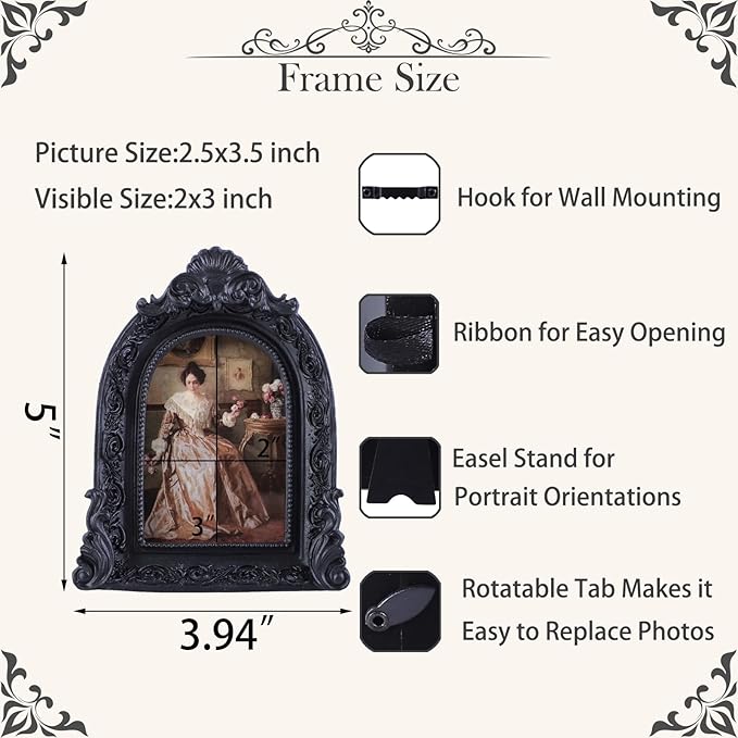 Vintage Picture Frames 2.5x3.5 Ornate Black Antique Picture Frames for Wall and Tabletop Vintage Photo Frame Victorian Home Decor Gallery Wall Decor in Arch Shape