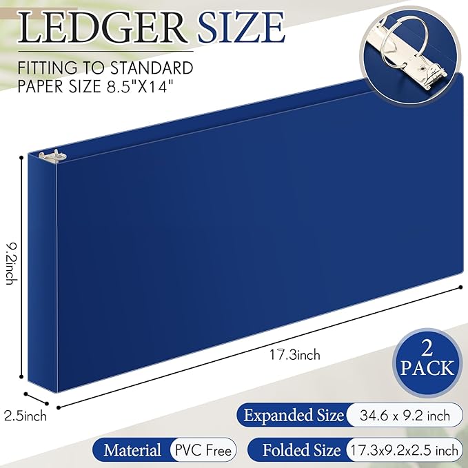 Humyoun 2 Pcs 8.5'' x 14'' Landscape 3 Ring Legal Size Binders 2 Inch Round Ring Binders Heavy Duty Economy Holds 8.5 '' x 14'' Paper for Artwork Blueprints, Office, Home, Work Places (Blue)