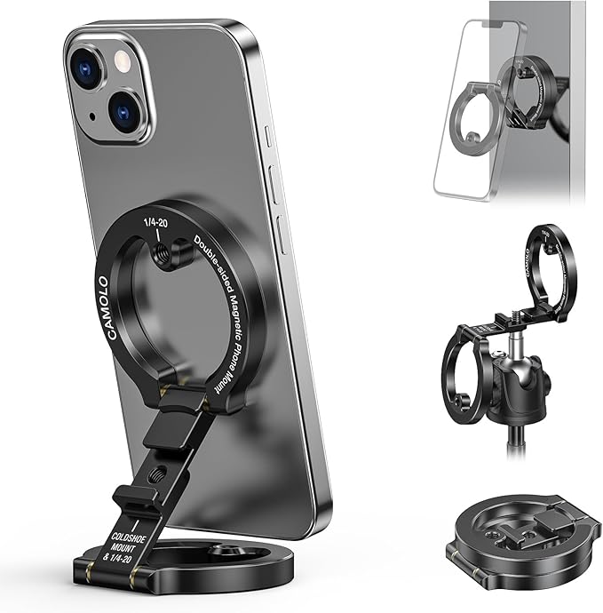 Dual Magnetic Phone Holder Compatiable with Magsafe for iPhone 16 15 14 13 12 Pro Max Plus Series, 1/4" Screw Tripod Mount, Gym Magnetic Phone Stand Travel(Black)