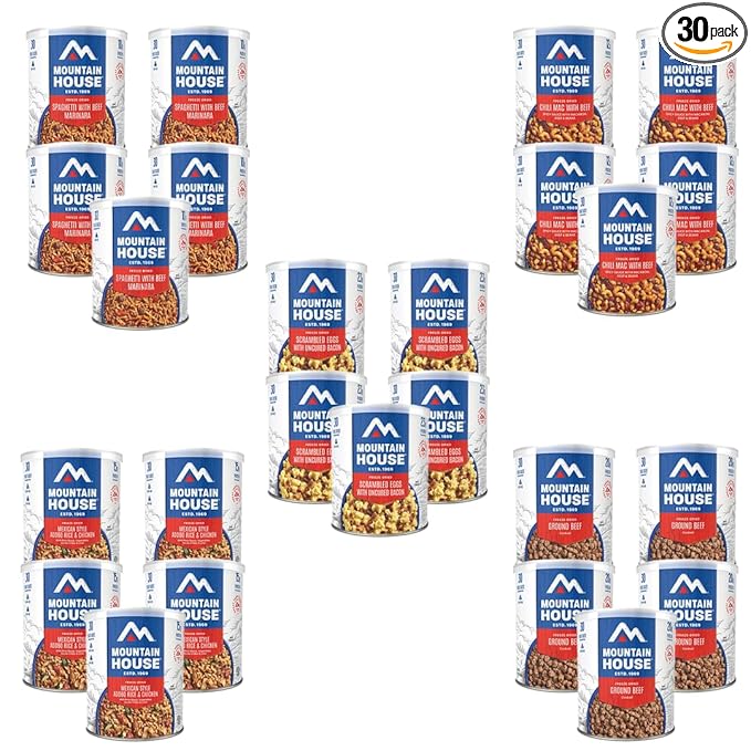 Mountain House #10 Can Variety 5-Case Emergency Food Supply – 30 Cans of Freeze-Dried Meals Including Ground Beef, Spaghetti, Scrambled Eggs with Bacon, Adobo Chicken & Chili Mac – Non-Perishable Survival Food, Ready-to-Eat High-Protein Meals – Long-Te...