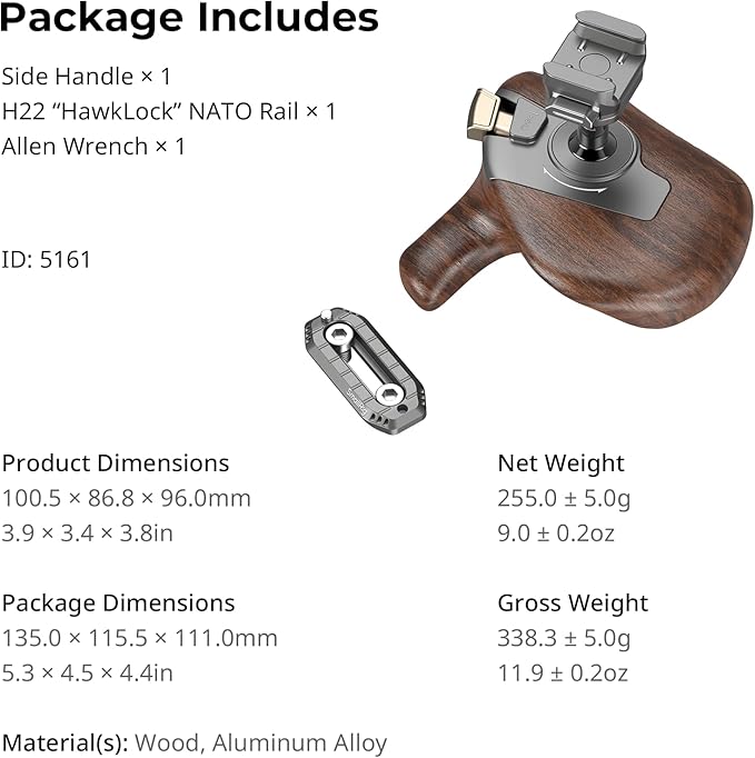 SmallRig Rotating Left-Side Wooden Handle with NATO Clamp & NATO Rail, Load Capacity up to 15kg, One-Touch Rotation, 360° Angle Adjustment, Anti-Slip Design