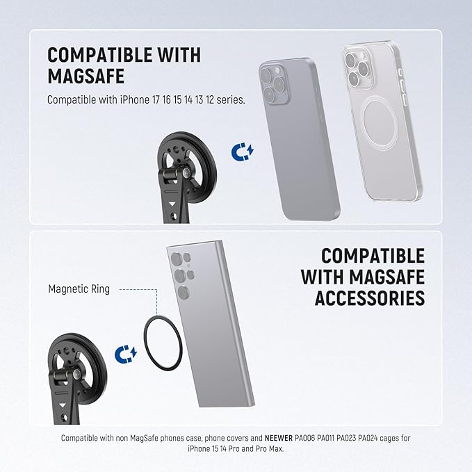 NEEWER Magnetic Phone Tripod Mount with Cold Shoe, Metal Portable Smartphone Holder Adapter for Tripod Camera Mounting Compatible with MagSafe iPhone Samsung Huawei Android for Video Recording, DS031