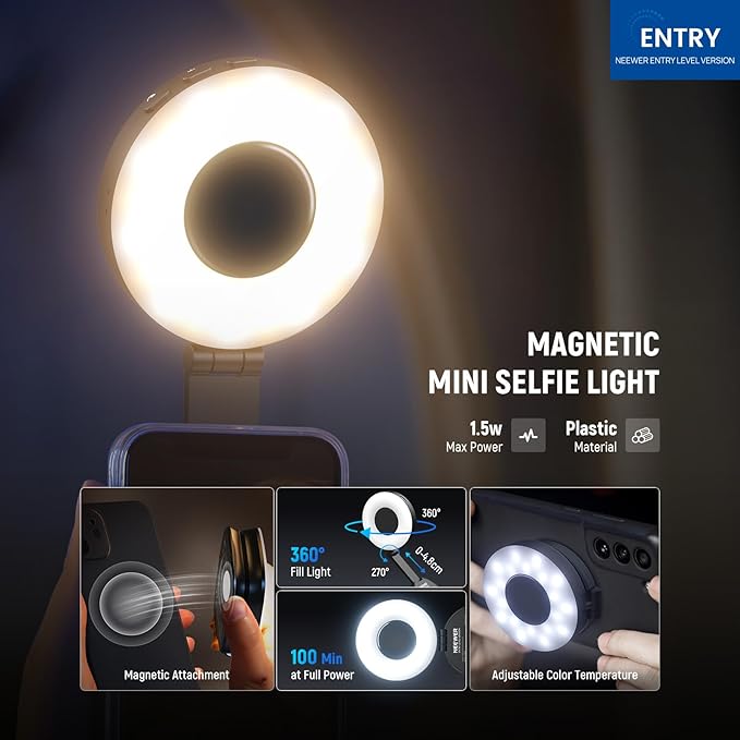 NEEWER ENTRY LEVEL VERSION Magnetic Selfie Light Compatible with MagSafe iPhone, 4 Mode CRI95+ 914lx 1.5W Plastic Folding Small LED Phone Fill Ring Lighting for Recording Makeup Video Conference,NL40R