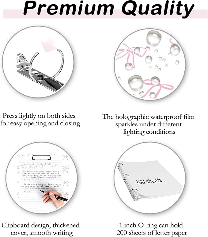 Etzul 3 Ring Binder 1 inch with Clipboard - White & Pink Bow Design, Includes Dividers, File Bag & Spine Label - Classic and Elegant for School or Work, Holographic Waterproof Film